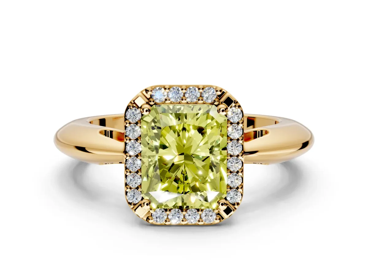 Halo Engagement Ring Setting for Fancy Yellow Radiant Cut Center with Tapered Plain Band and Prong Head in Yellow Gold