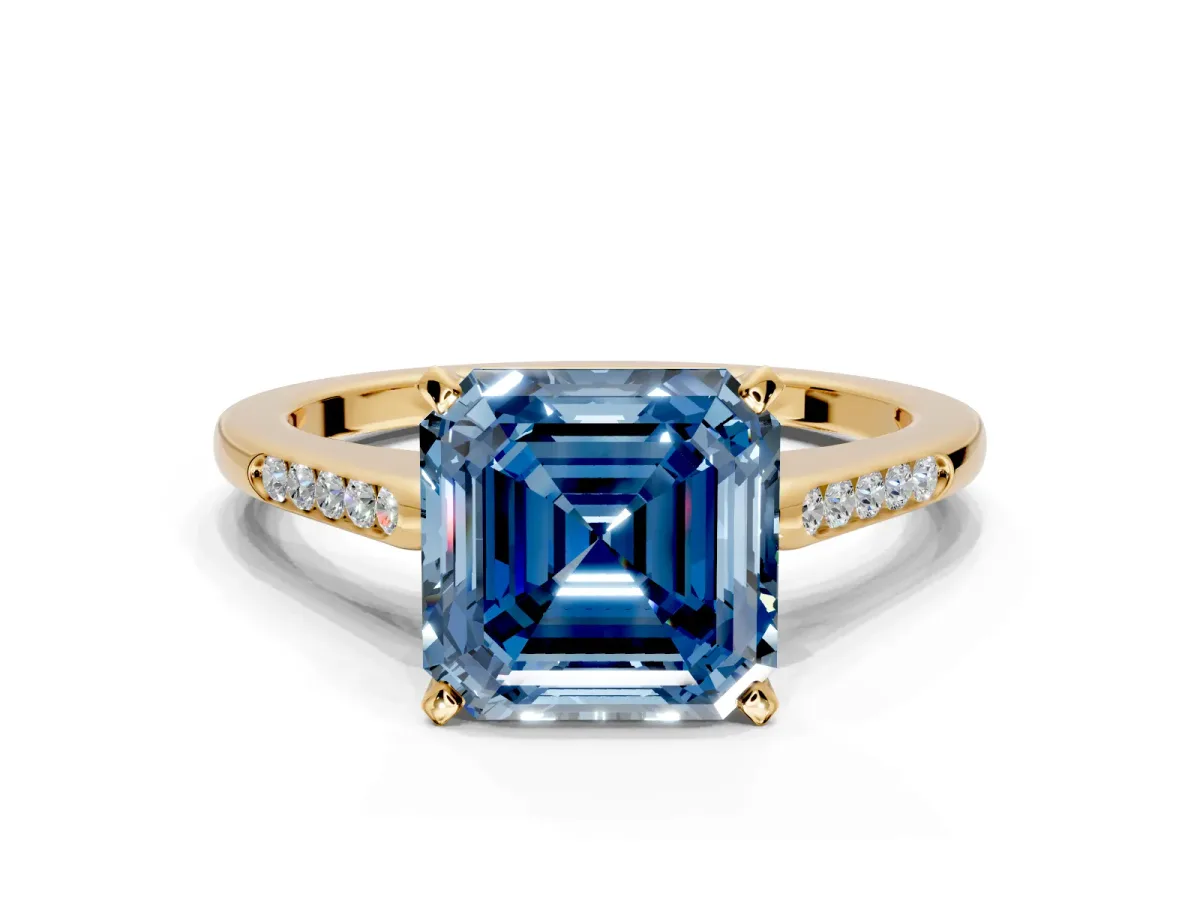 Solitaire Engagement Ring Setting for Fancy Blue Asscher Cut Center with Channel Accents and Prong Head in Yellow Gold