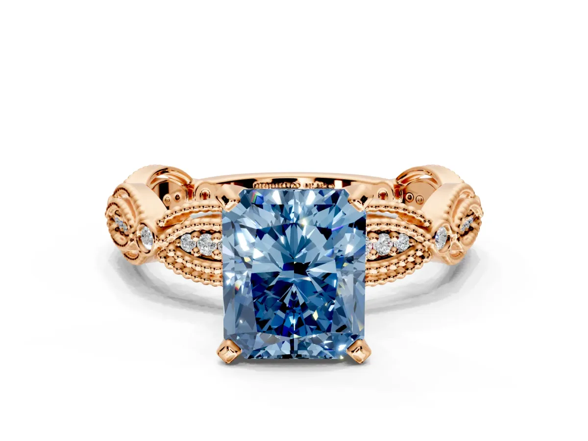 Solitaire Engagement Ring Setting for Fancy Blue Radiant Cut Center with Marquise Panel Band and Prong Head in Rose Gold