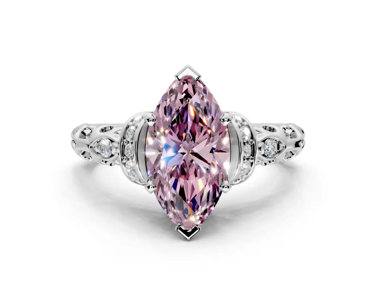 Solitaire Engagement Ring Setting for Fancy Pink Marquise Center with Filigree Band and Prong Head in Sterling Silver