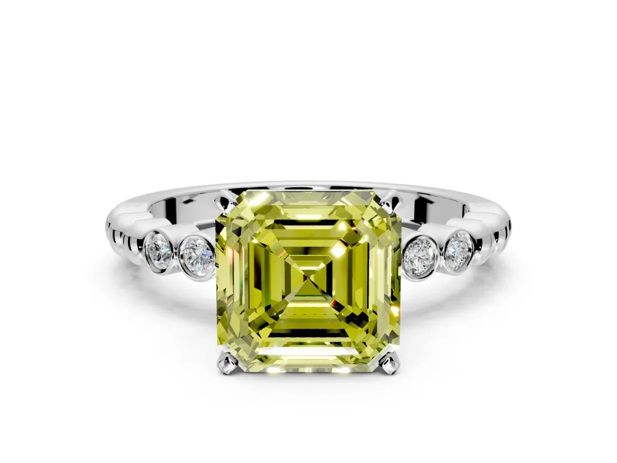 Solitaire Engagement Ring Setting for Fancy Yellow Asscher Cut Center with Bezel-Dot Beaded Band and Prong Head in Sterling Silver