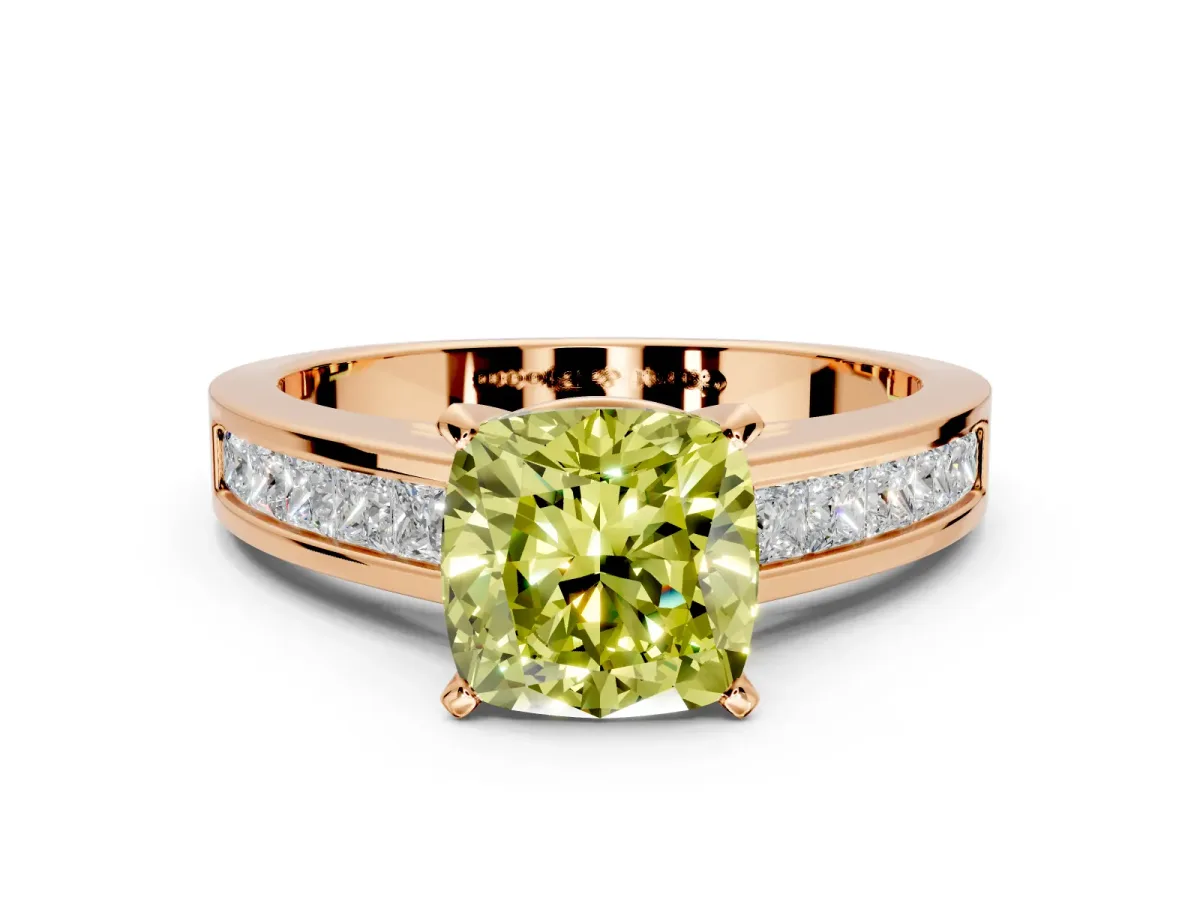 Solitaire Engagement Ring Setting for Fancy Yellow Cushion Cut Center with Princess Cut Channel Band and Prong Head in Rose Gold