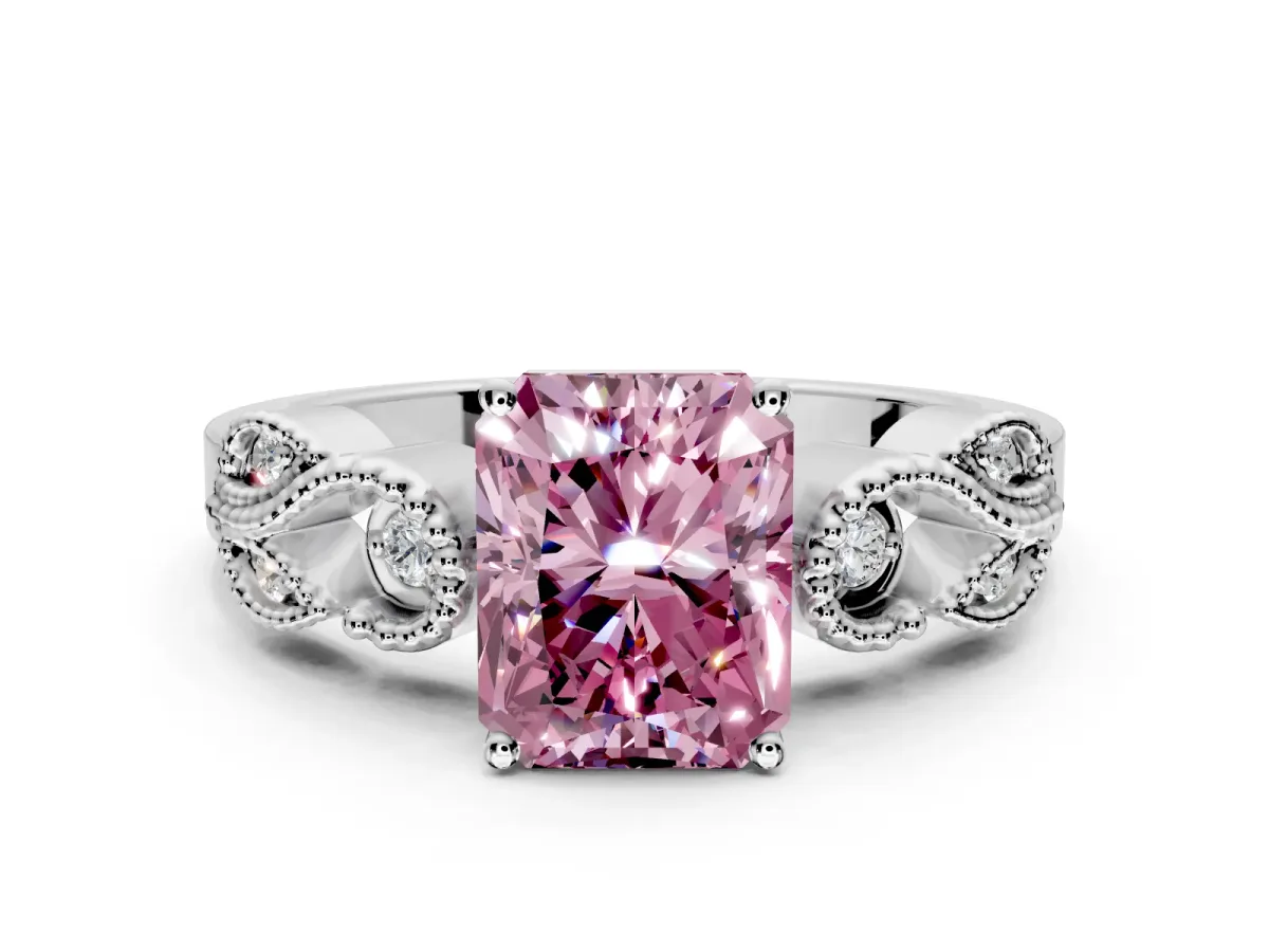 Leaf Engagement Ring Setting for Fancy Pink Radiant Cut Center with Milgrain Accent Band and Prong Head in Platinum