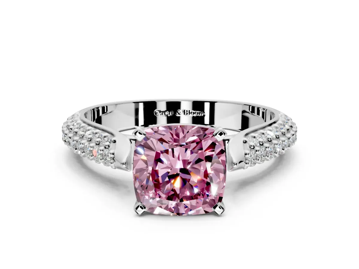 Solitaire Engagement Ring Setting for Fancy Pink Cushion Cut Center with Multi-Row Accents and Prong Head in Sterling Silver