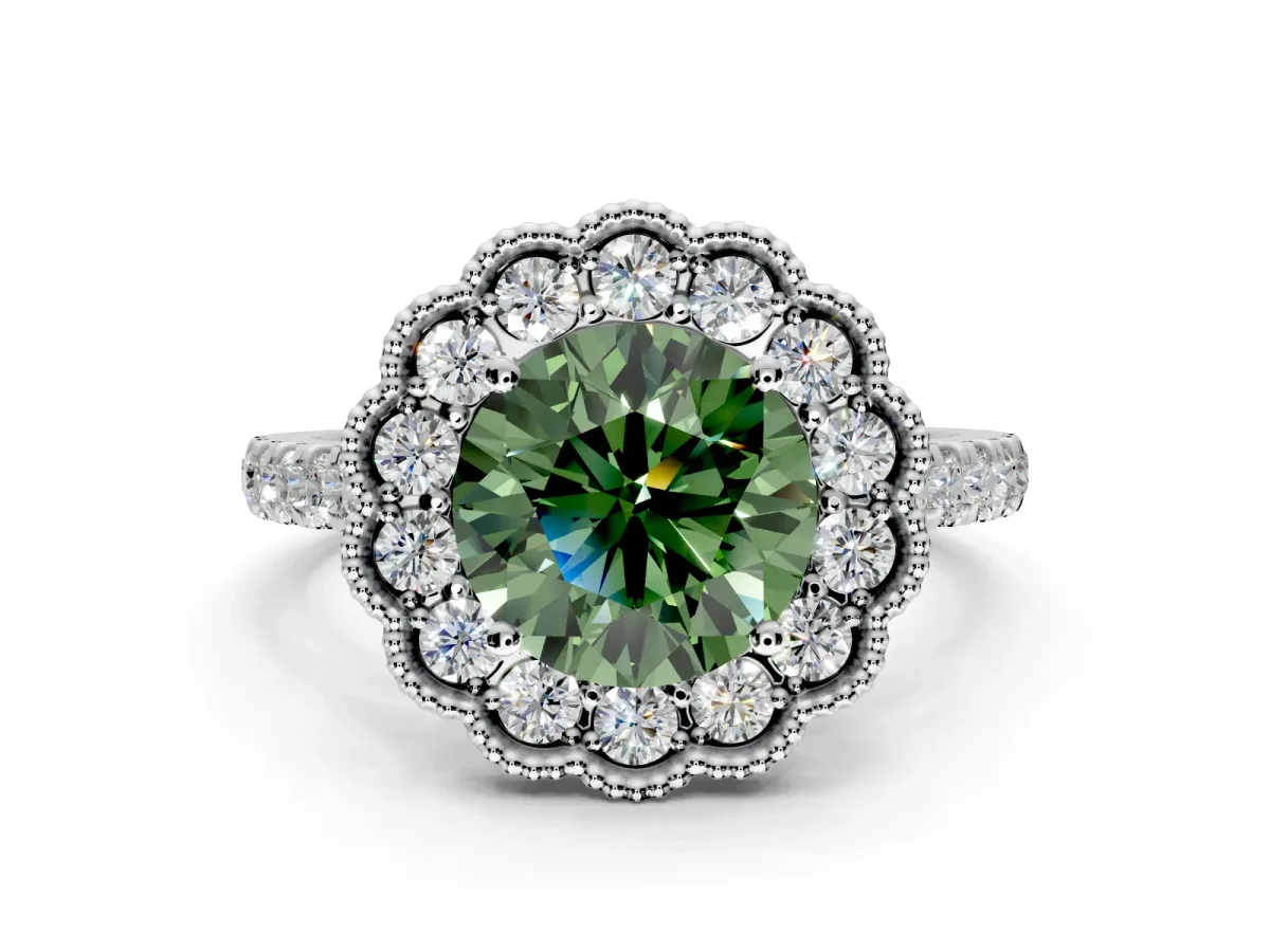 Milgrain Floral Halo Engagement Ring Setting for Fancy Green Round Cut Center with Pave Band and Prong Head in Platinum