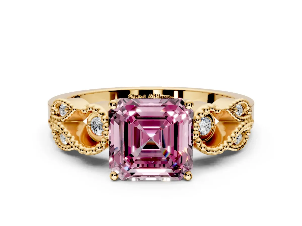Leaf Engagement Ring Setting for Fancy Pink Asscher Cut Center with Milgrain Accent Band and Prong Head in Yellow Gold