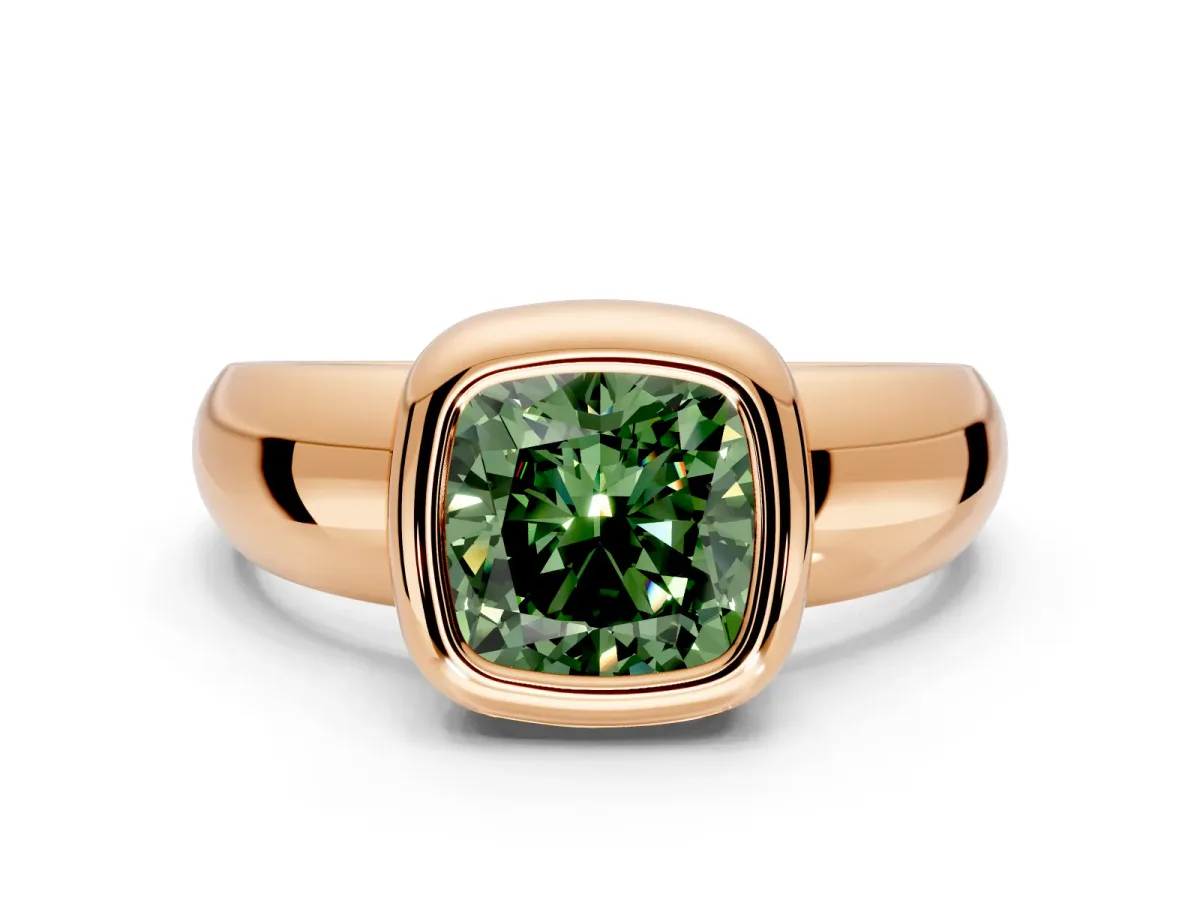 Solitaire Engagement Ring Setting for Fancy Green Cushion Cut Center with Wide Band and Bezel Head in Rose Gold