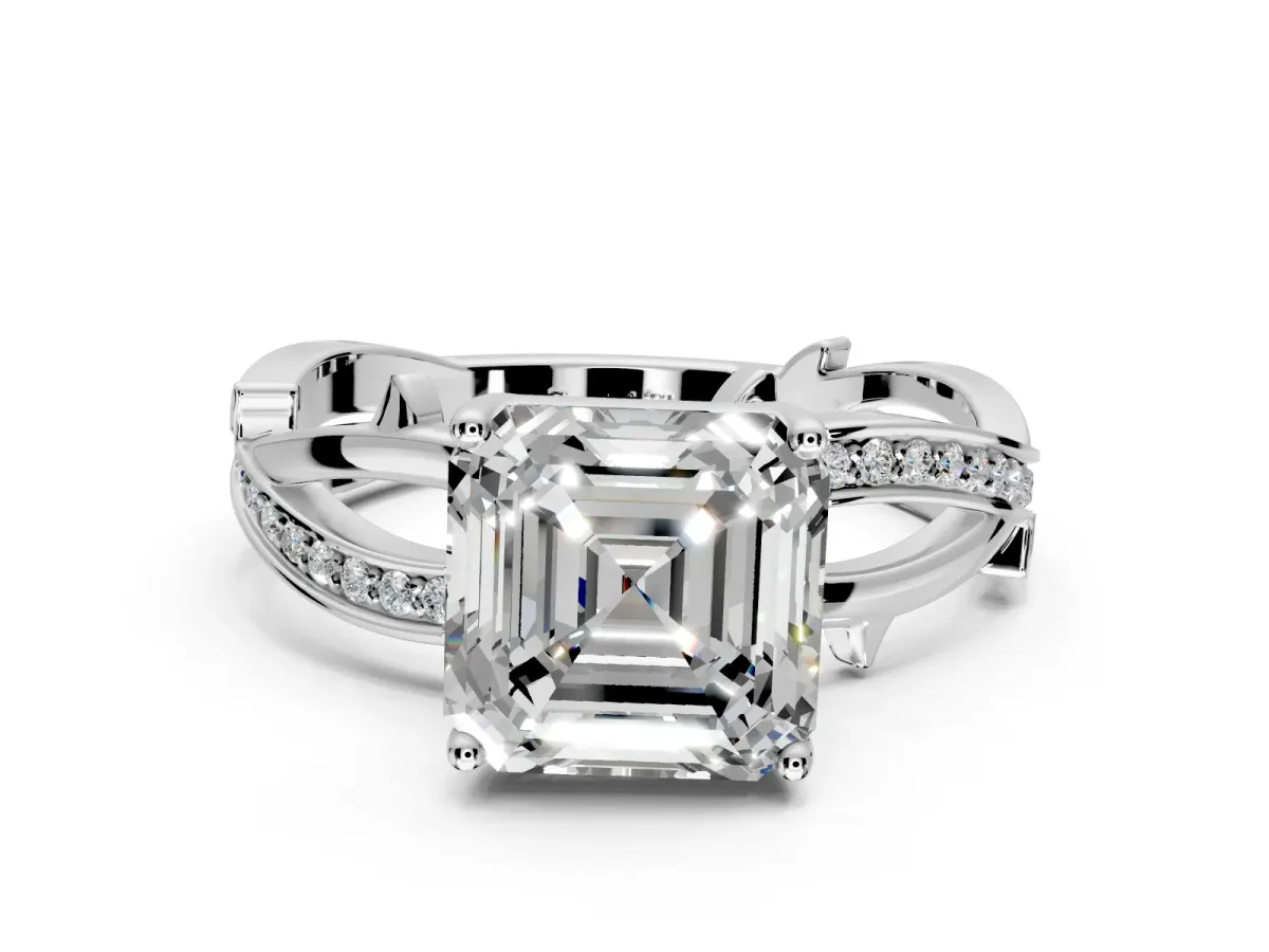Solitaire Engagement Ring Setting for Asscher Cut Center with Pave and Plain Crossover Band and Prong Head in Sterling Silver