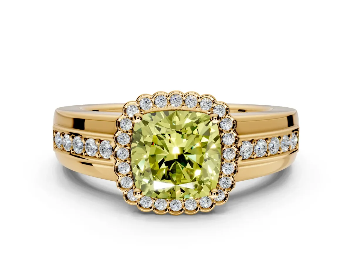 Halo Engagement Ring Setting for Fancy Yellow Cushion Cut Center with Wide Band, Inlaid Accent Row and Prong Head in Yellow Gold