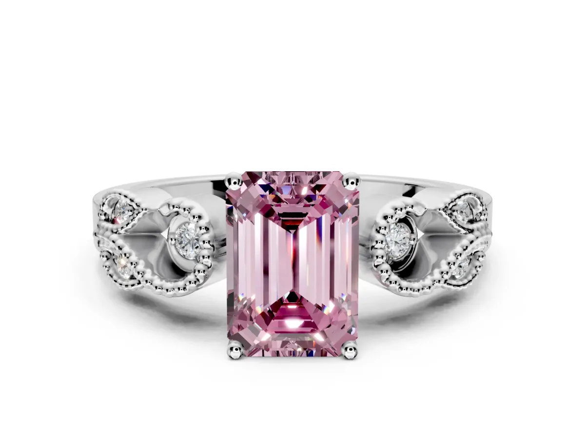 Leaf Engagement Ring Setting for Fancy Pink Emerald Cut Center with Milgrain Accent Band and Prong Head in Platinum