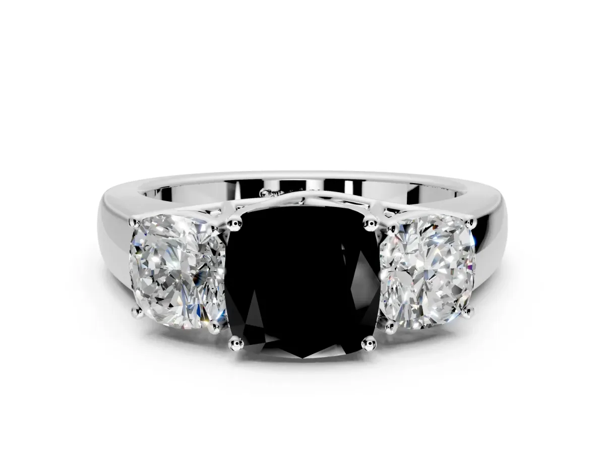 3 Stone Engagement Ring Setting for Fancy Black Cushion Cut Center with Raised Basket Heads and Prong Head in White Gold