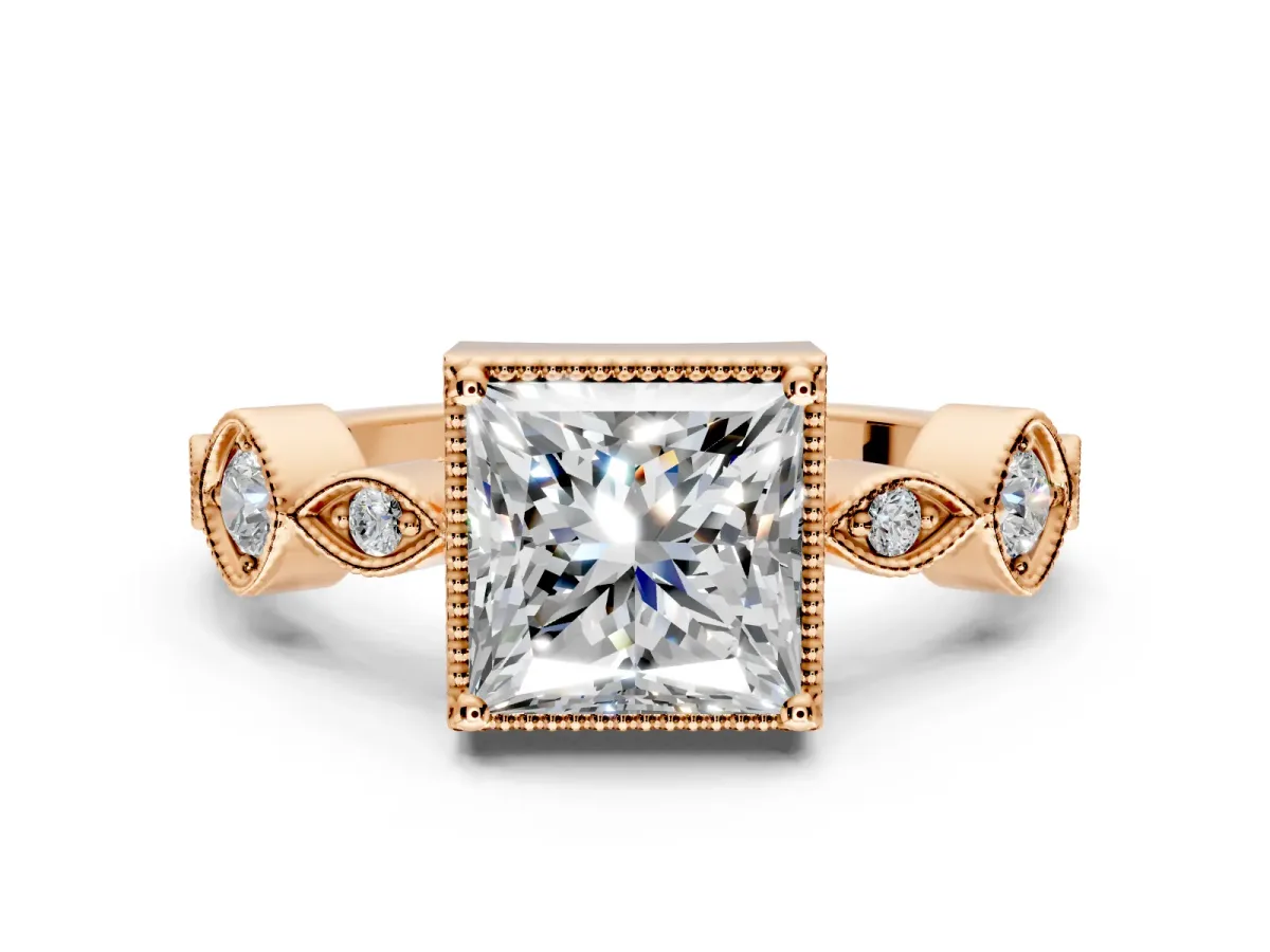 Vintage Station Engagement Ring Setting for Princess Cut Center with Accents and Prong Head in Rose Gold