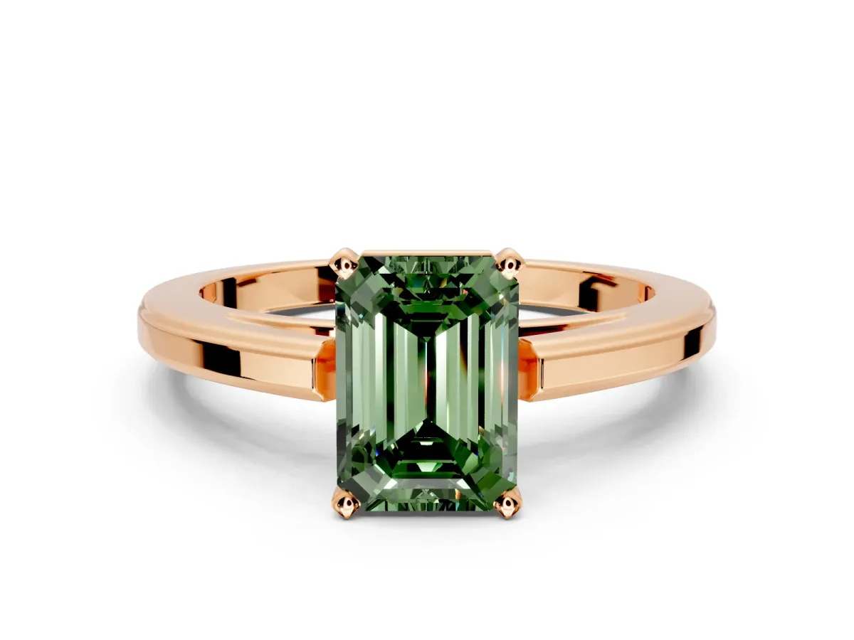 Solitaire Engagement Ring Setting for Fancy Green Emerald Cut Center with Flat-Sided Plain Band and Prong Head in Rose Gold