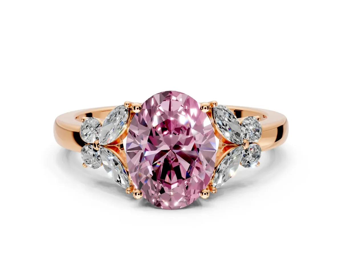 Solitaire Engagement Ring Setting for Fancy Pink Oval Center with Marquise Flower Shoulders and Prong Head in Rose Gold