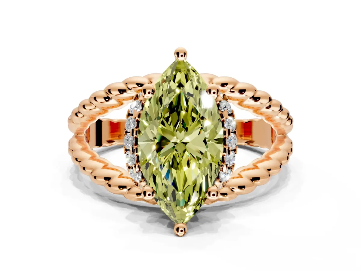 Halo Engagement Ring Setting for Fancy Yellow Marquise Center with Rope Twist Split Shank and Prong Head in Rose Gold