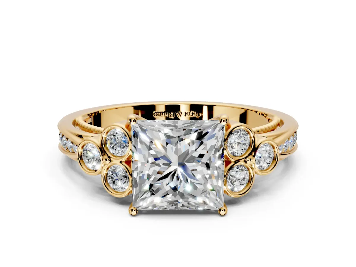Cluster Engagement Ring Setting for Princess Cut Center with Bezel Accent Clusters and Prong Head in Yellow Gold
