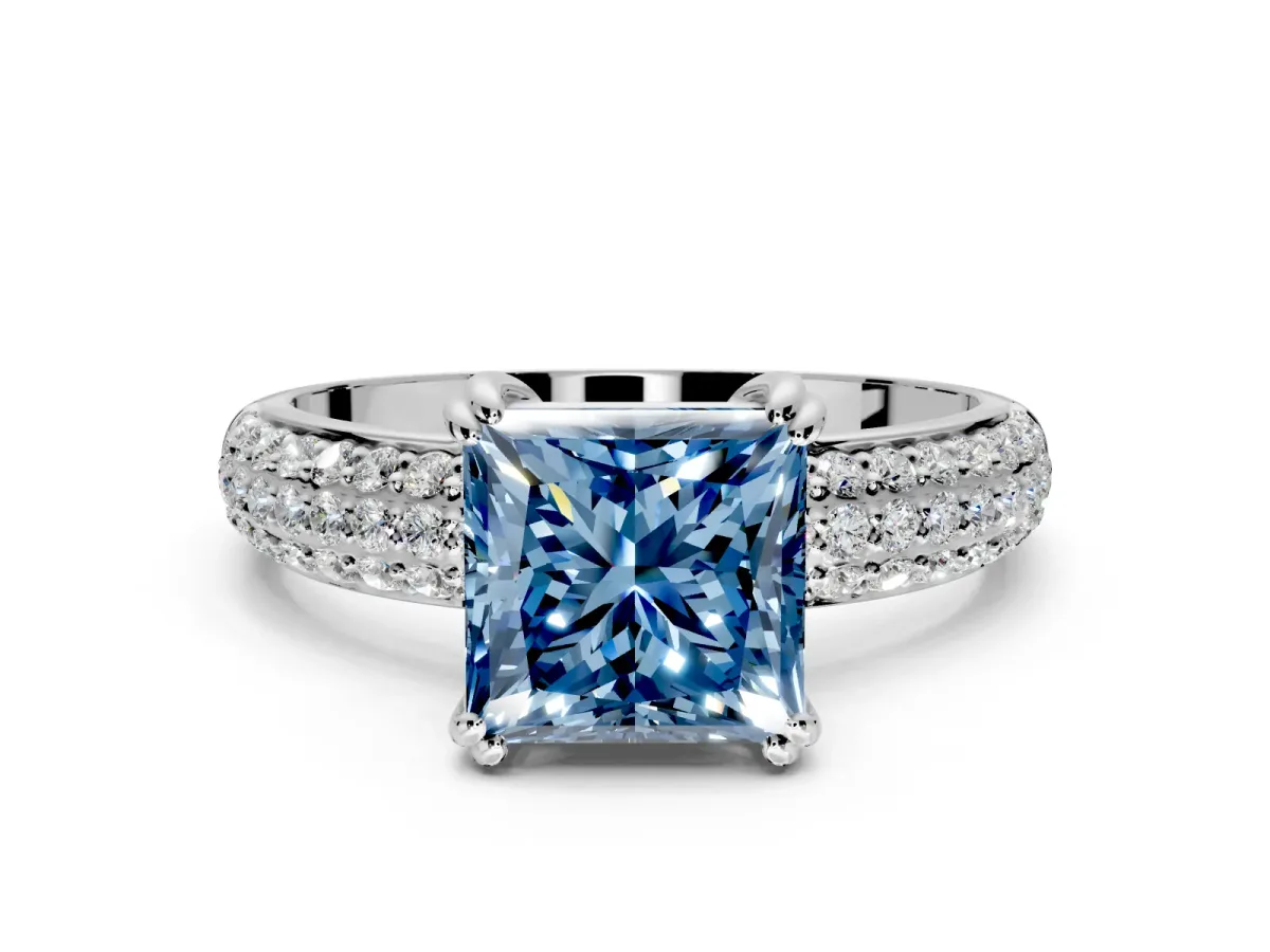Solitaire Engagement Ring Setting for Fancy Blue Princess Cut Center with Multi-Row Pave Accents and Basket Head in Platinum
