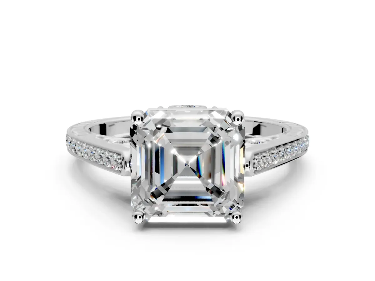 Cathedral Engagement Ring Setting for Asscher Cut Center with Antique-Style Pave Band and Prong Head in Sterling Silver