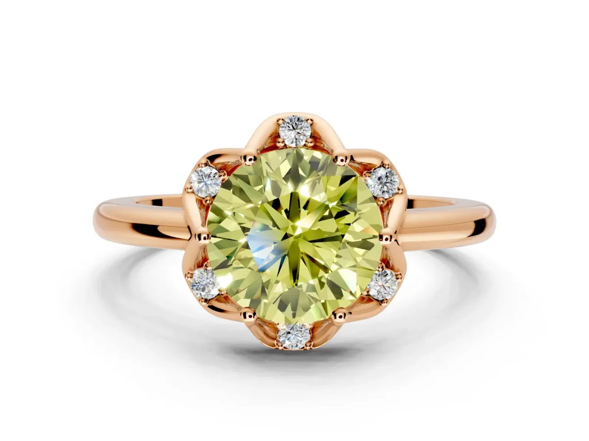 Floral Frame Engagement Ring Setting for Fancy Yellow Round Cut Center with Accent Clusters and Prong Head in Rose Gold