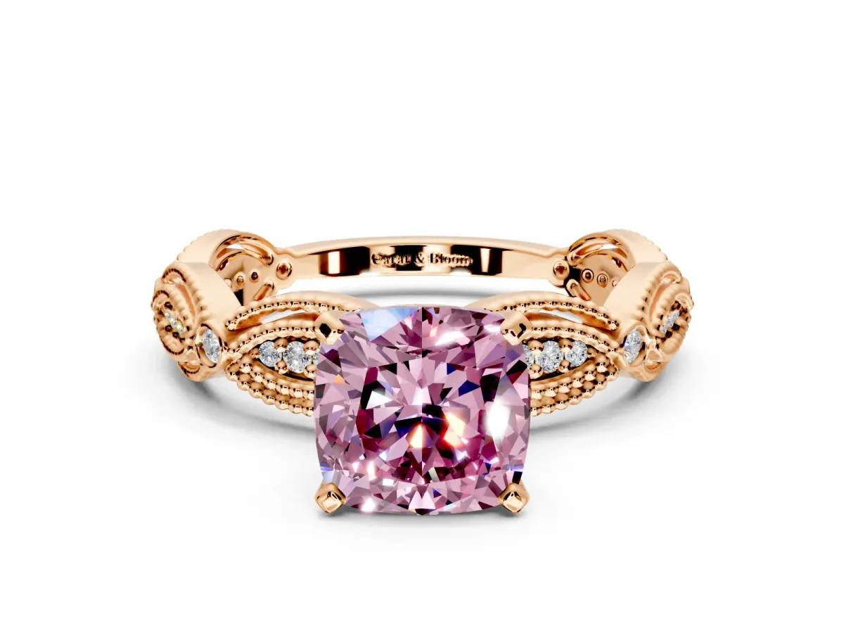 Solitaire Engagement Ring Setting for Fancy Pink Cushion Cut Center with Marquise Panel Band and Prong Head in Rose Gold