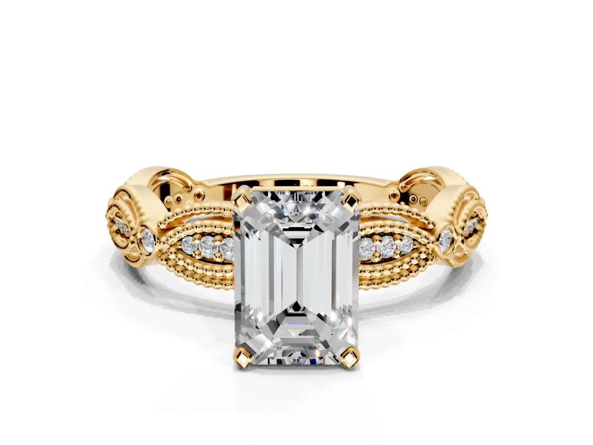 Solitaire Engagement Ring Setting for Emerald Cut Center with Marquise Panel Band and Prong Head in Yellow Gold