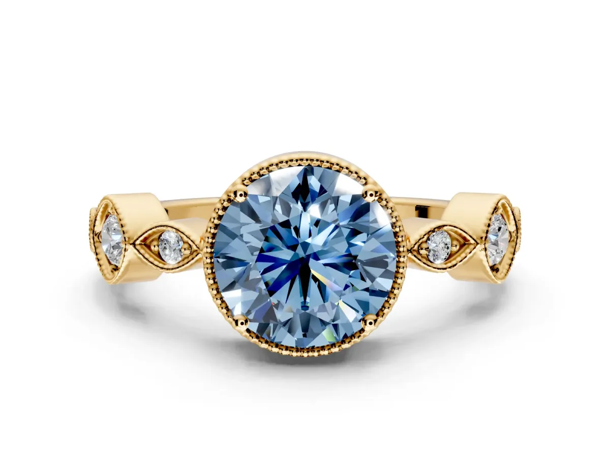 Vintage Station Engagement Ring Setting for Fancy Blue Round Cut Center with Accents and Prong Head in Yellow Gold