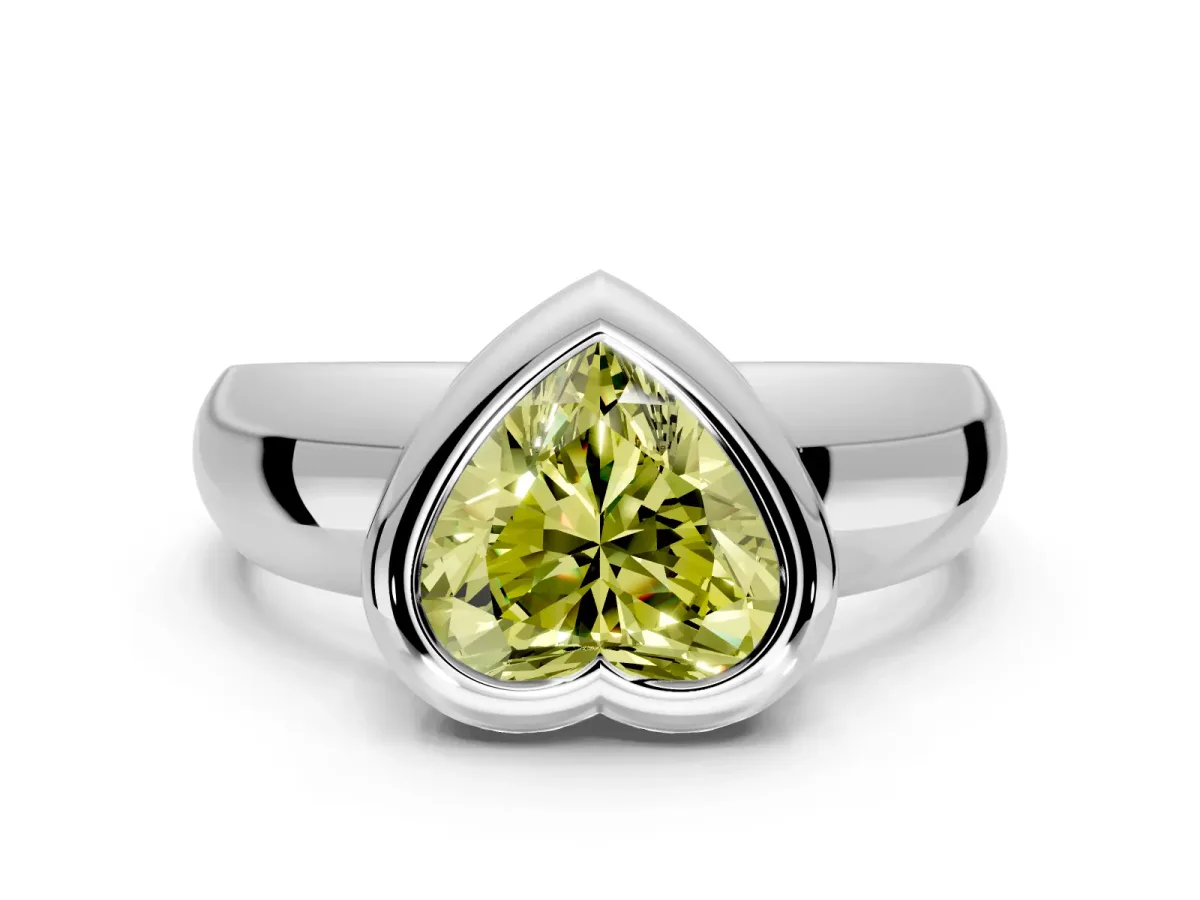 Solitaire Engagement Ring Setting for Fancy Yellow Heart-Shaped Center with Wide Band and Bezel Head in Sterling Silver