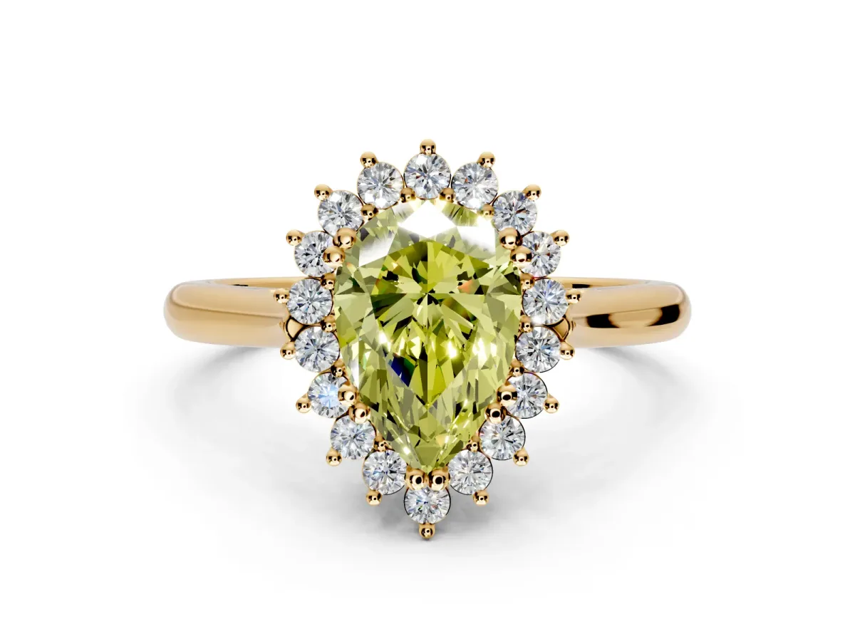 Starburst Halo Engagement Ring Setting for Fancy Yellow Pear-Shaped Center with Thin Round-Wire Band and Prong Head in Yellow Gold