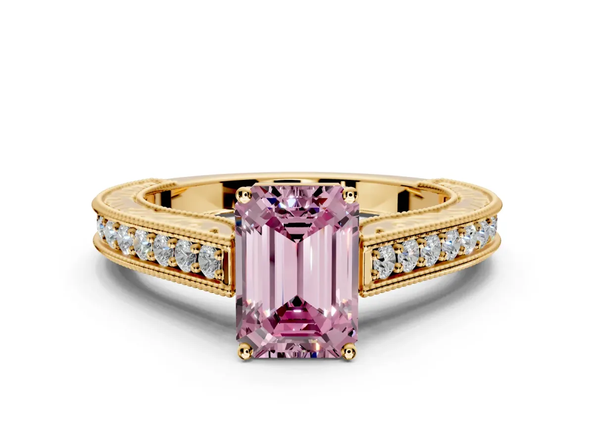 Solitaire Engagement Ring Setting for Fancy Pink Emerald Cut Center with Engraved Pave Band and Prong Head in Yellow Gold