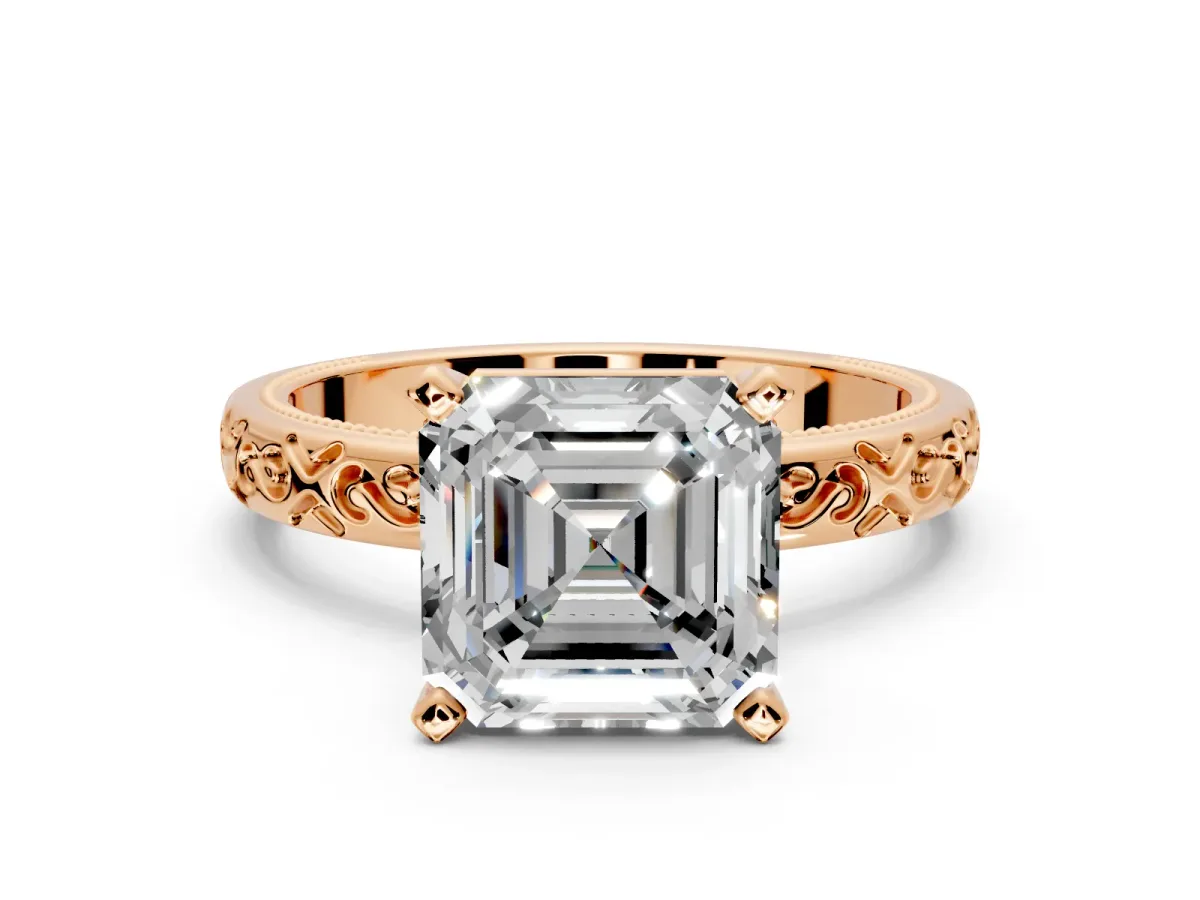 Solitaire Engagement Ring Setting for Asscher Cut Center with Scrollwork Band and Prong Head in Rose Gold