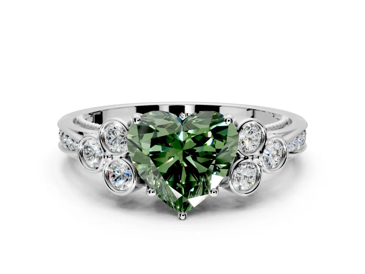 Cluster Engagement Ring Setting for Fancy Green Heart-Shaped Center with Bezel Accent Clusters and Prong Head in Platinum