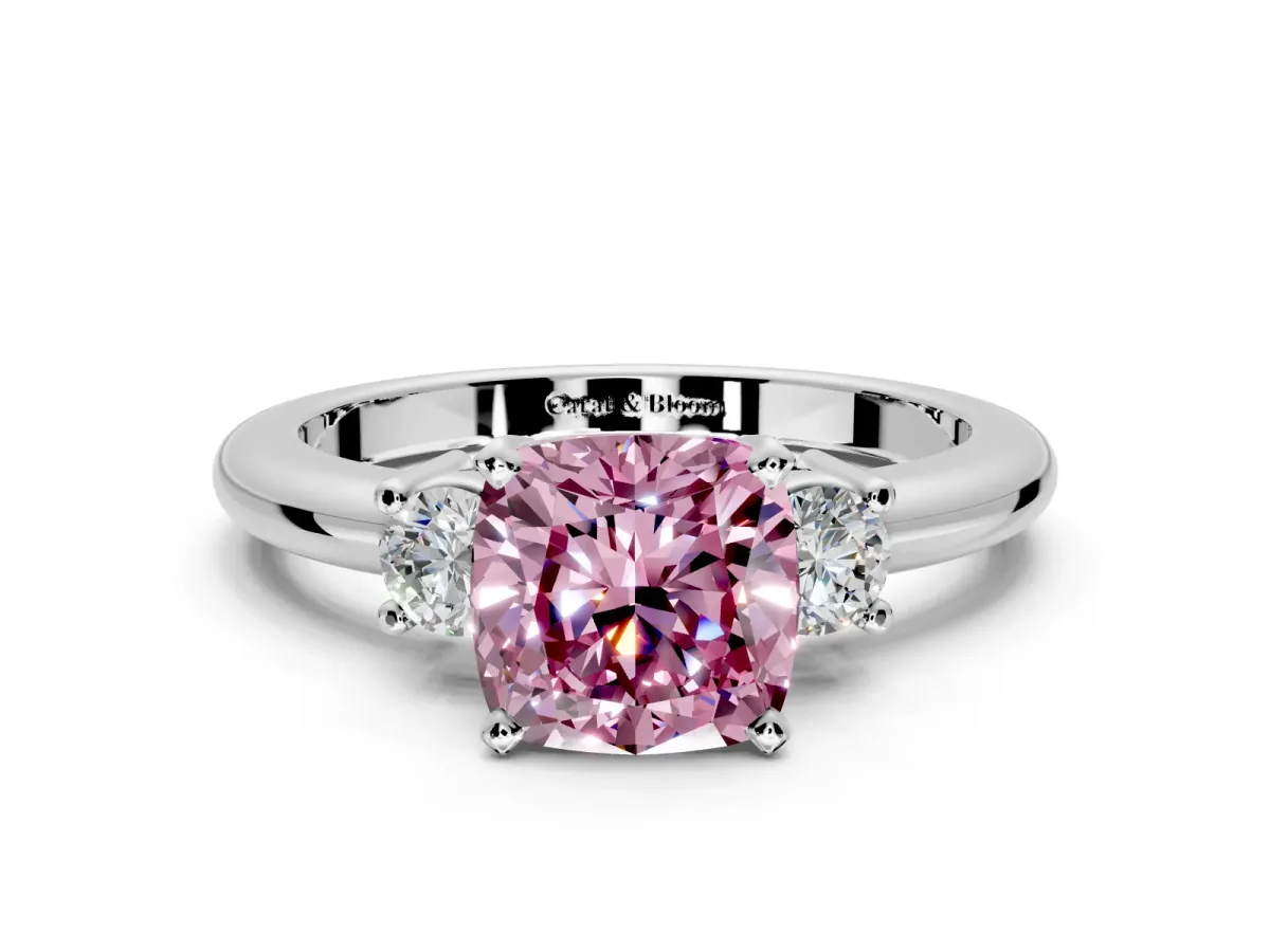 3 Stone Engagement Ring Setting for Fancy Pink Cushion Cut Center with Wide Plain Band and Prong Head in Sterling Silver