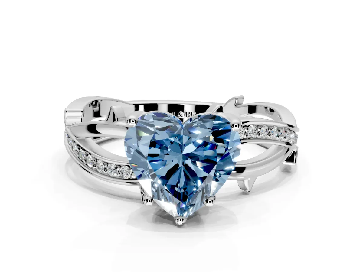 Solitaire Engagement Ring Setting for Fancy Blue Heart-Shaped Center with Pave and Plain Crossover Band and Prong Head in Platinum