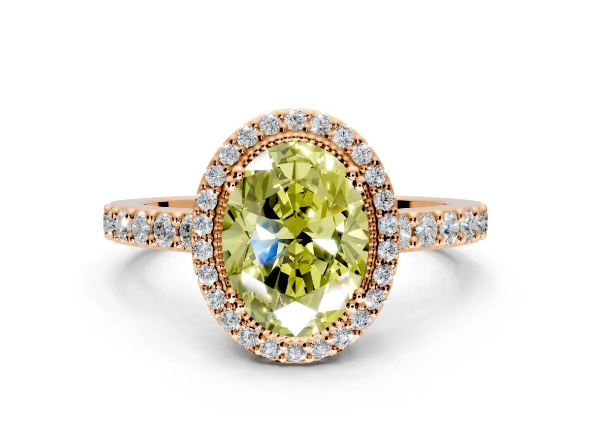 Halo Engagement Ring Setting for Fancy Yellow Oval Center with Inner Milgrain Border and Prong Head in Rose Gold