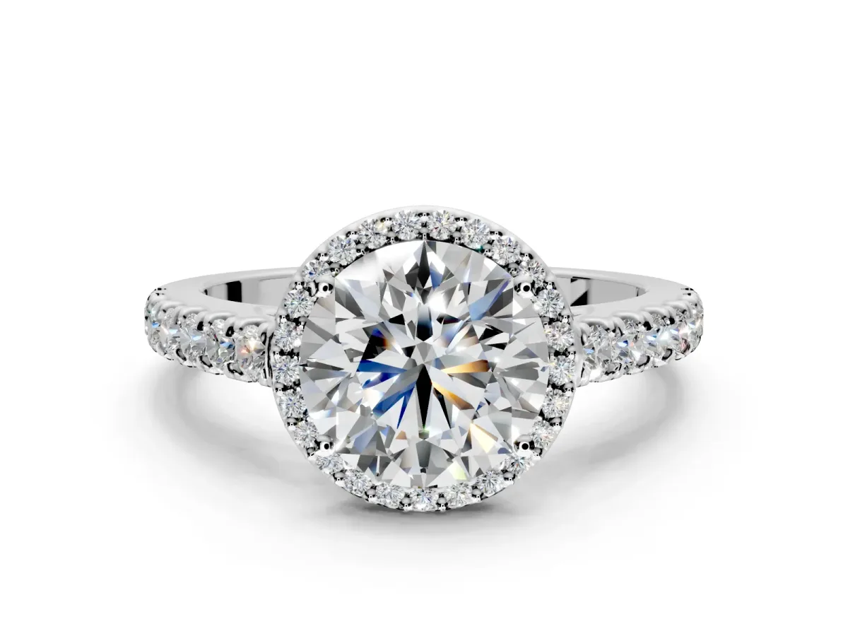 Halo Engagement Ring Setting for Round Cut Center with Full Pave Band and Prong Head in Platinum