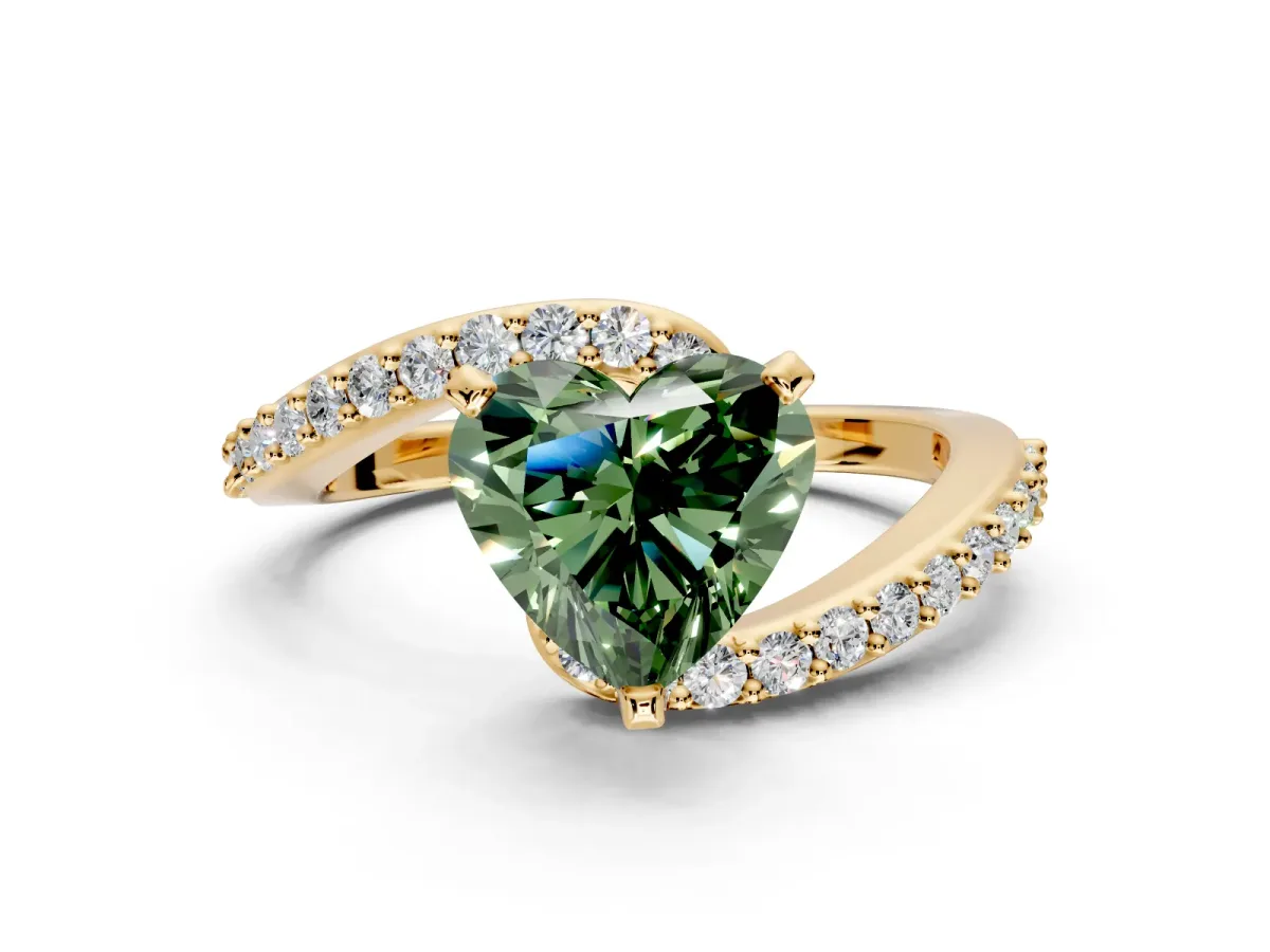Solitaire Engagement Ring Setting for Fancy Green Heart-Shaped Center with Pave Bypass Swirl Band and Prong Head in Yellow Gold