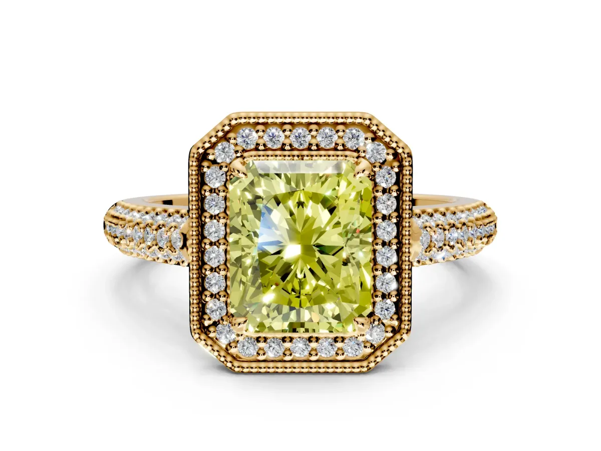 Milgrain Halo Engagement Ring Setting for Fancy Yellow Radiant Cut Center with Three-Sided Pave Band and Prong Head in Yellow Gold