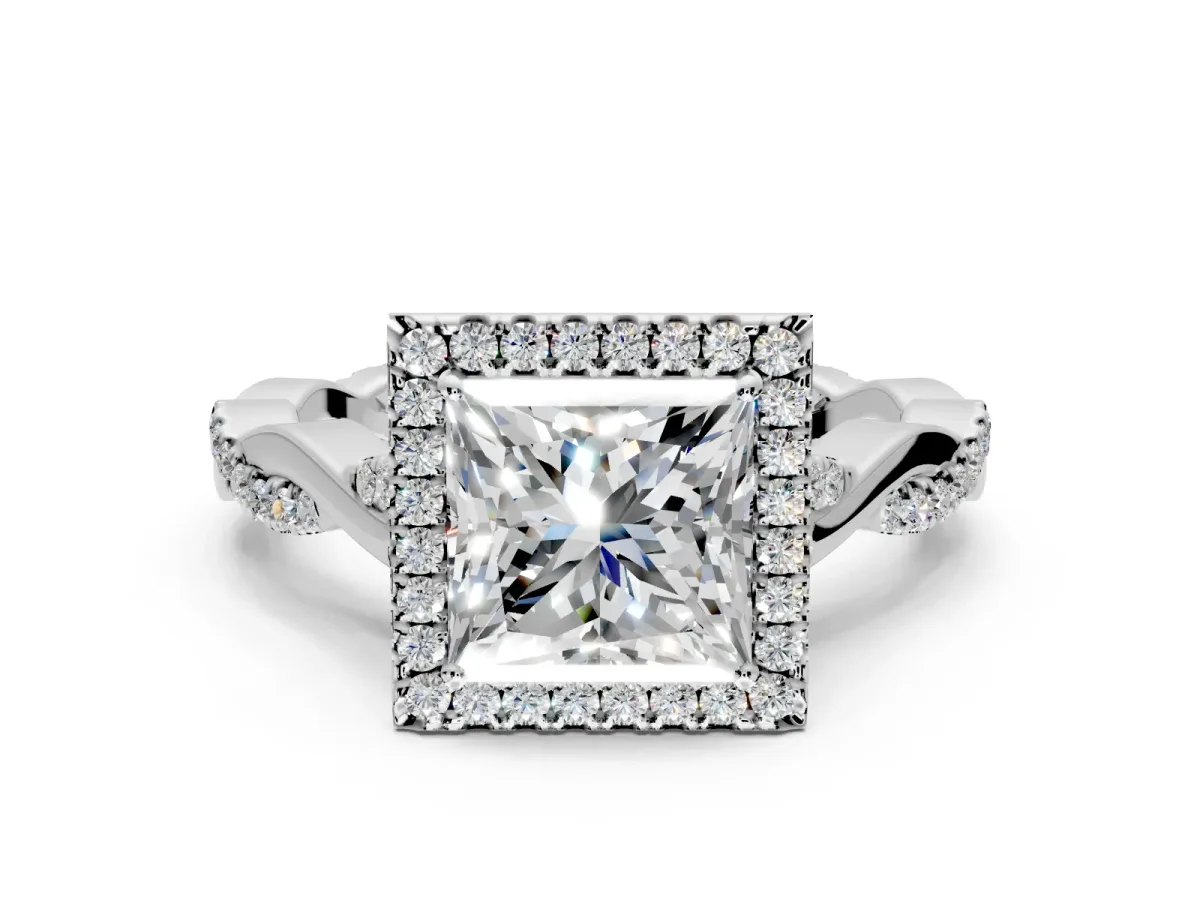 Halo Engagement Ring Setting for Princess Cut Center with Twist Band and Prong Head in Sterling Silver