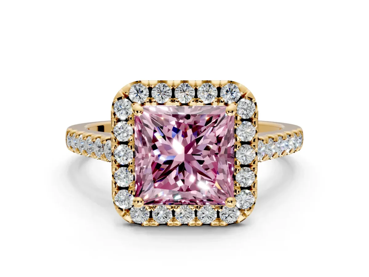 Halo Engagement Ring Setting for Fancy Pink Princess Cut Center with Raised Halo, Pave Band and Prong Head in Yellow Gold
