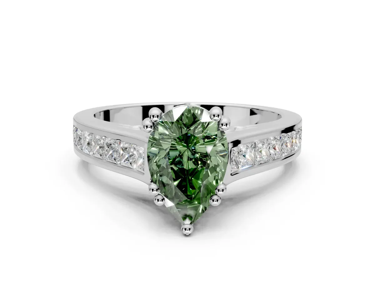 Solitaire Engagement Ring Setting for Fancy Green Pear-Shaped Center with Channel Band and Double Claw Prong Head in Sterling Silver