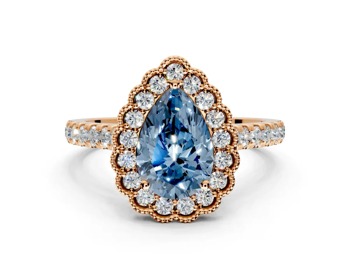 Milgrain Floral Halo Engagement Ring Setting for Fancy Blue Pear-Shaped Center with Pave Band and Prong Head in Rose Gold