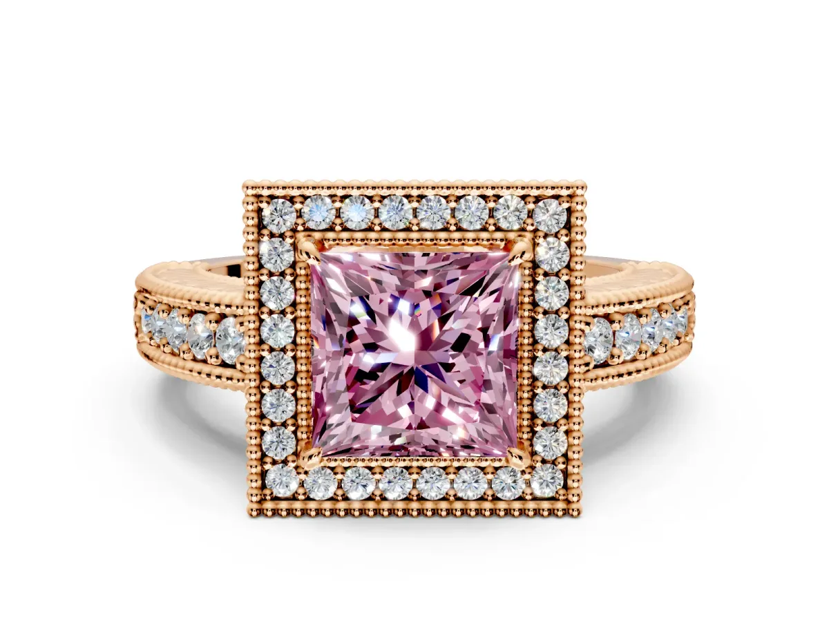 Milgrain Halo Engagement Ring Setting for Fancy Pink Princess Cut Center with Pave Band and Prong Head in Rose Gold