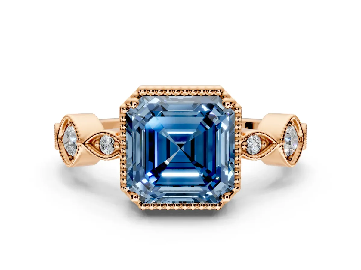 Vintage Station Engagement Ring Setting for Fancy Blue Asscher Cut Center with Accents and Prong Head in Rose Gold