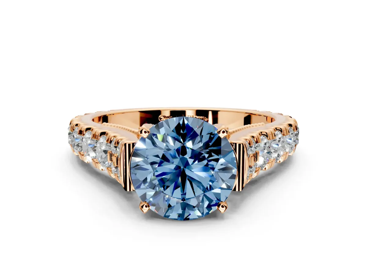 Solitaire Engagement Ring Setting for Fancy Blue Round Cut Center with Pave Cathedral Shoulders and Prong Head in Rose Gold