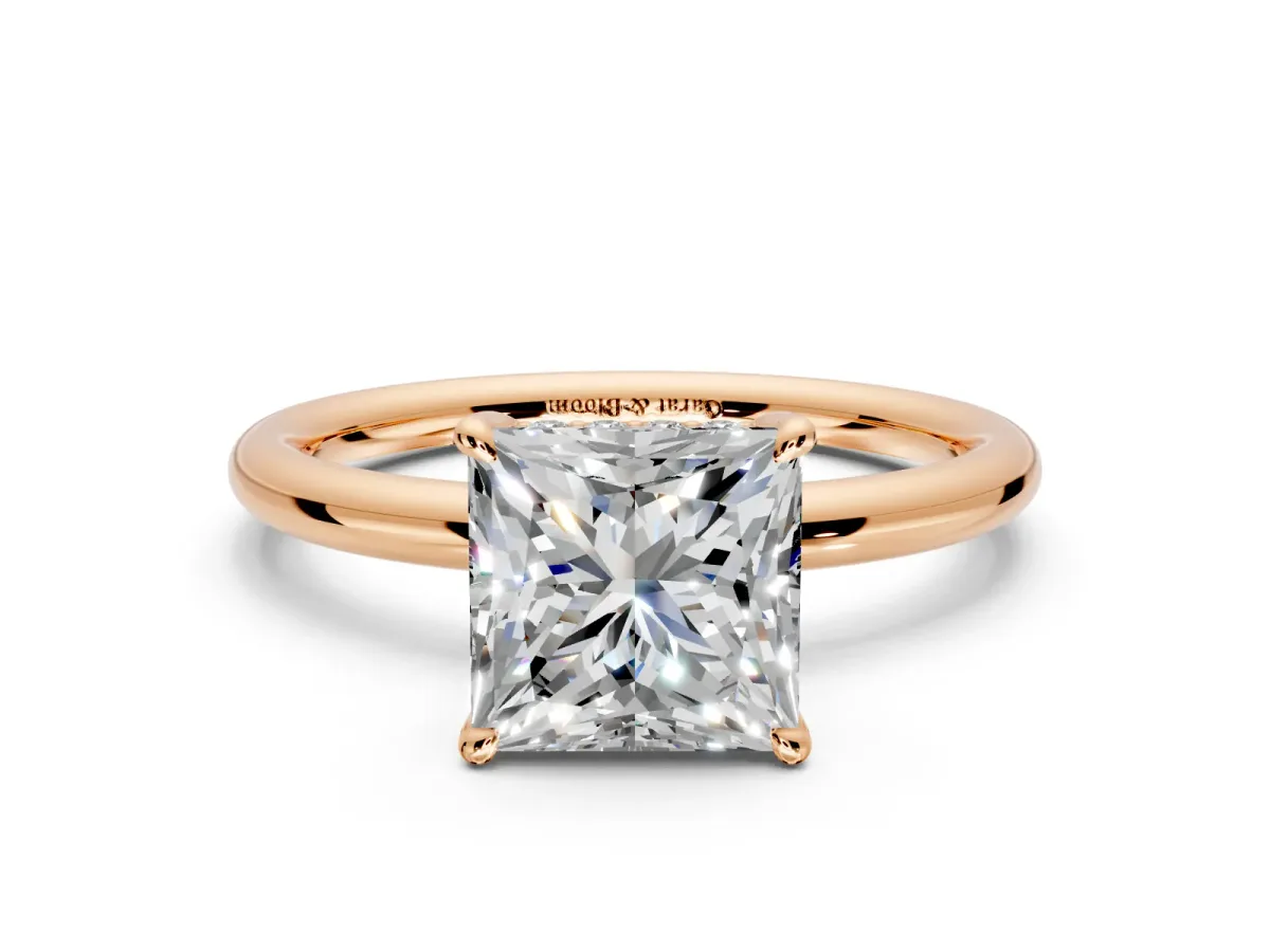 Hidden Halo Engagement Ring Setting for Princess Cut Center with Thin Rounded Band and Prong Head in Rose Gold