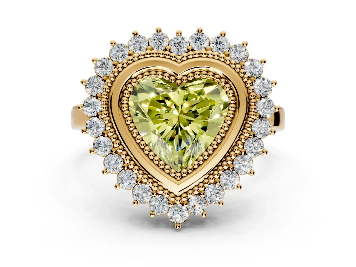 Halo Engagement Ring Setting for Fancy Yellow Heart-Shaped Center with Milgrain Bezel Rim, Plain Band and Prong Head in Yellow Gold