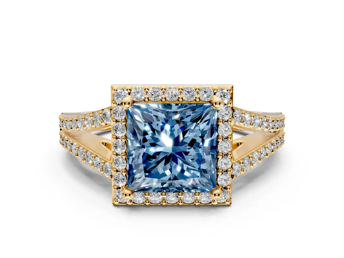 Halo Engagement Ring Setting for Fancy Blue Princess Cut Center with Pave Split Shank and Prong Head in Yellow Gold