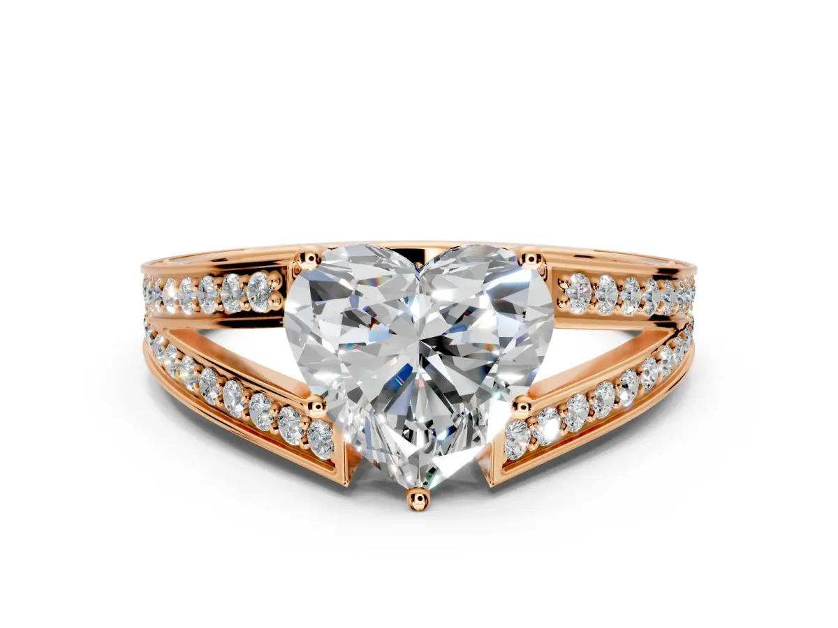 Split Shank Engagement Ring Setting for Heart-Shaped Center with Pave Split Shank and Prong Head in Rose Gold