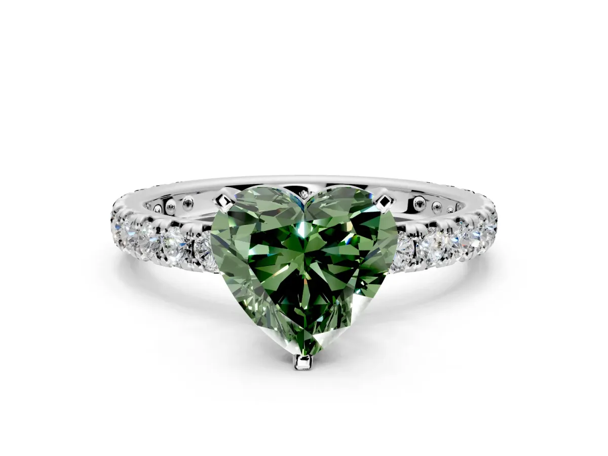 Solitaire Engagement Ring Setting for Fancy Green Heart-Shaped Center with Shared-Prong Accents and Prong Head in Sterling Silver