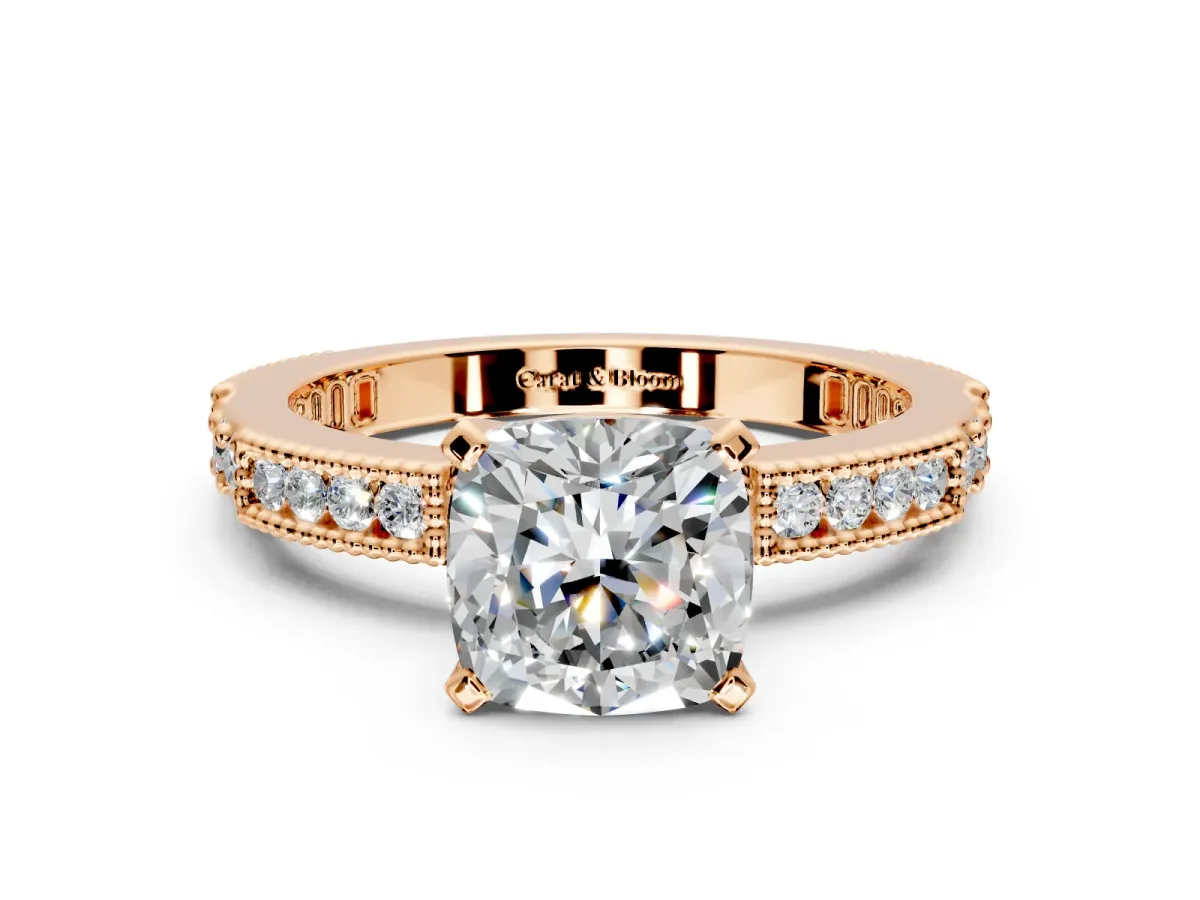 Solitaire Engagement Ring Setting for Cushion Cut Center with Milgrain-Edged Pave Band and Prong Head in Rose Gold